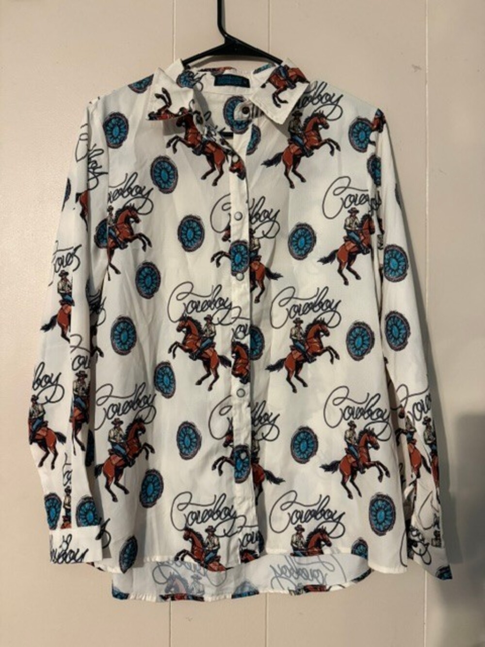 Fashion Express Medium White Cowboy Print Long Sleeve Shirt